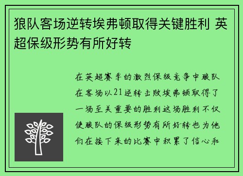 狼队客场逆转埃弗顿取得关键胜利 英超保级形势有所好转