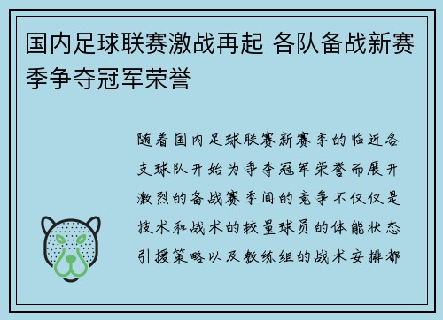 国内足球联赛激战再起 各队备战新赛季争夺冠军荣誉