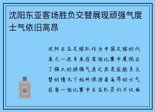 沈阳东亚客场胜负交替展现顽强气度士气依旧高昂